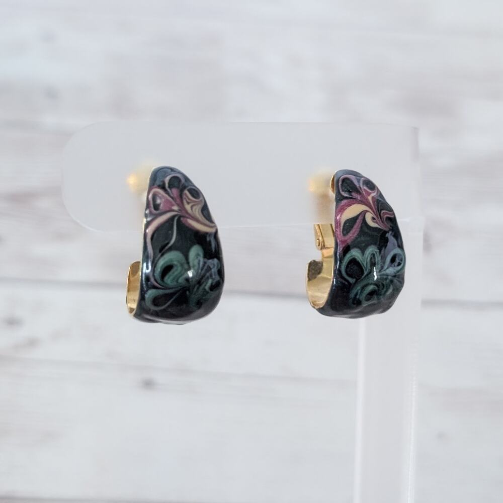 Vintage Clip On Earrings Dark Patterned Enamel Elongated Hoops